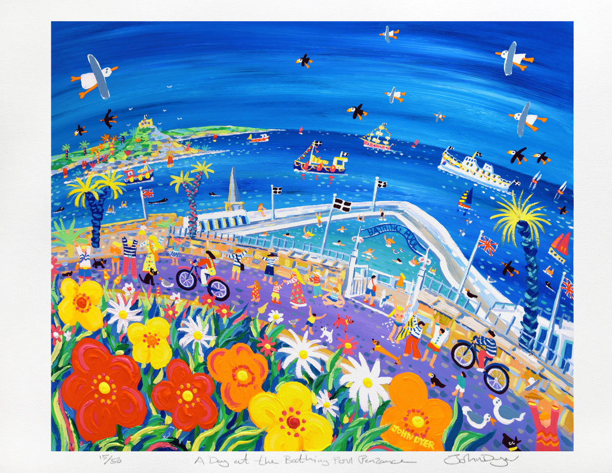 Cornish Art Signed Limited Edition Print by Artist John Dyer. &#39;A Day at the Jubilee Bathing Pool, Penzance&#39;. Cornwall Art Gallery Print.