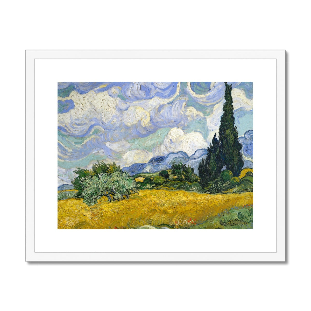 Vincent Van Gogh Framed Open Edition Art Print. 'Wheat Field with Cypresses'. Art Gallery Historic Art