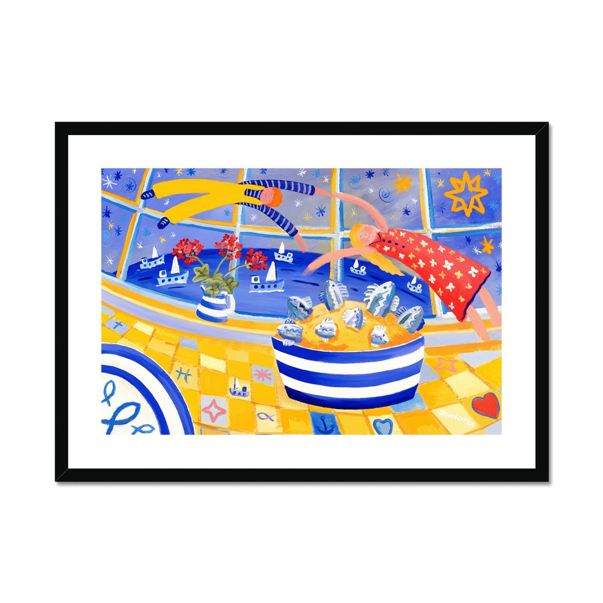 John Dyer Coastal Art Framed Open Edition Art Print. 'Enjoying the Day's Catch, Cornwall'. Cornish Art Gallery