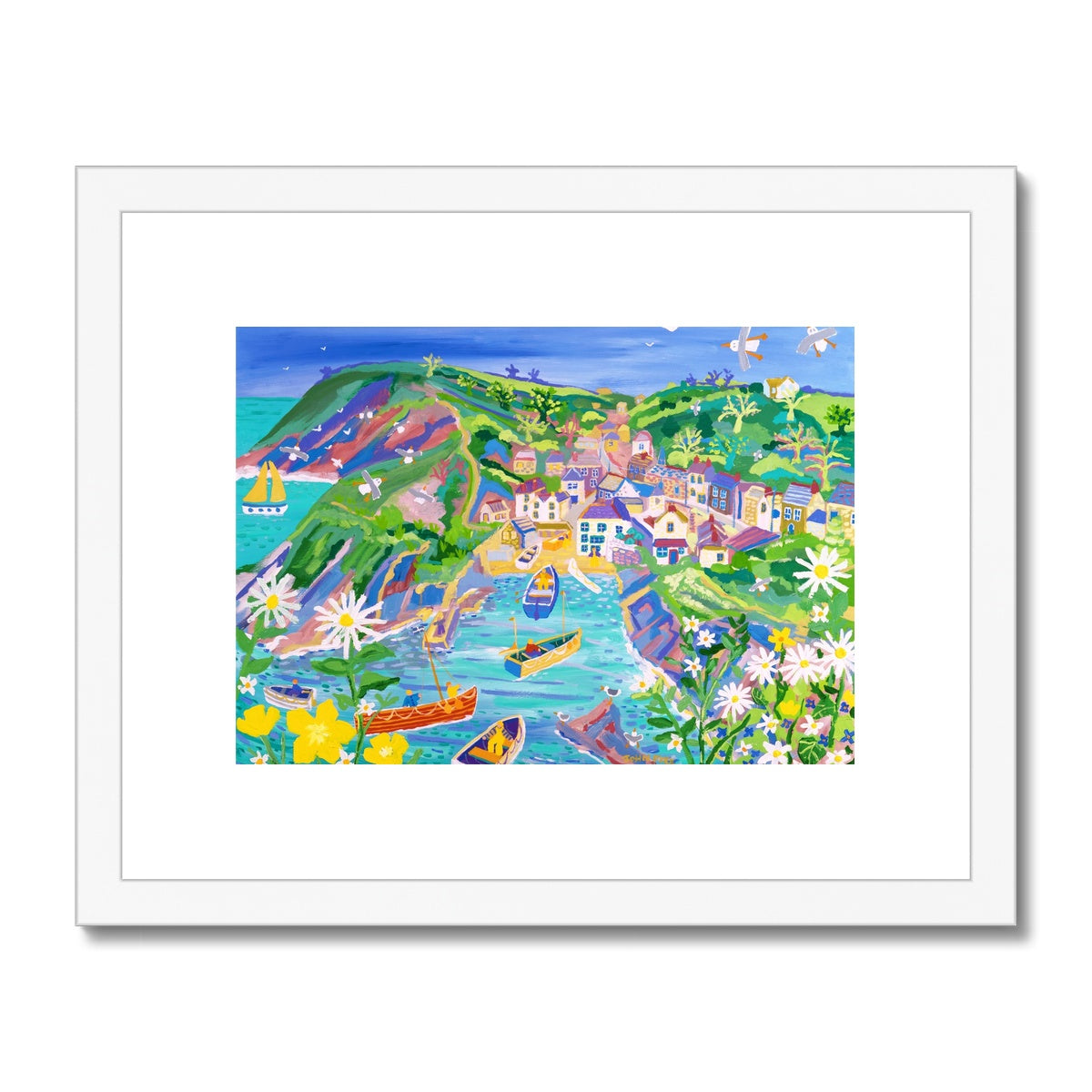 John Dyer Framed Open Edition Cornish Fine Art Print. 'Moon Daisies and Fishermen, Port Loe'. Cornwall Art Gallery