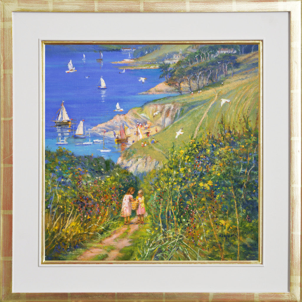 &#39;Blackberry Picking. St Anthony Head&#39;, 14x14 inches original art oil on canvas. Paintings of Cornwall by Cornish Artist Ted Dyer. Cornwall Art Gallery