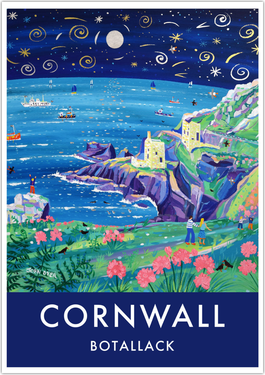 Cornish art print of the Botallack Tin Mines, Cornwall by Cornish Artist John Dyer. Cornwall Art Gallery, Vintage Style Posters.