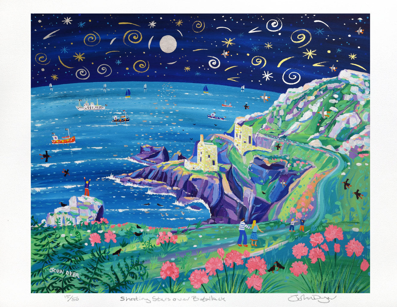 Limited Edition Print by Cornish Artist John Dyer. 'Shooting Stars over Botallack'. Cornwall Art Gallery Print