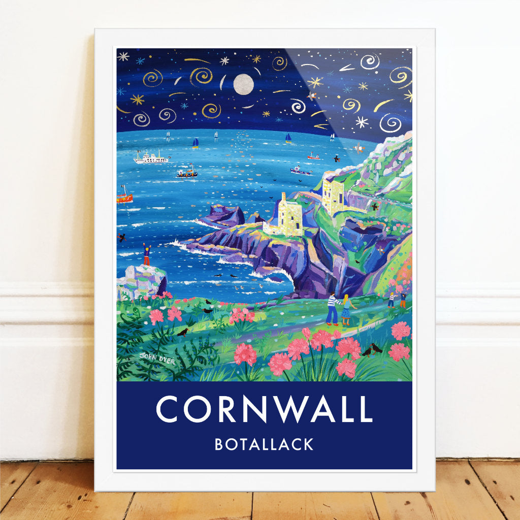 Cornish art print of the Botallack Tin Mines, Cornwall by Cornish Artist John Dyer. Cornwall Art Gallery, Vintage Style Posters.