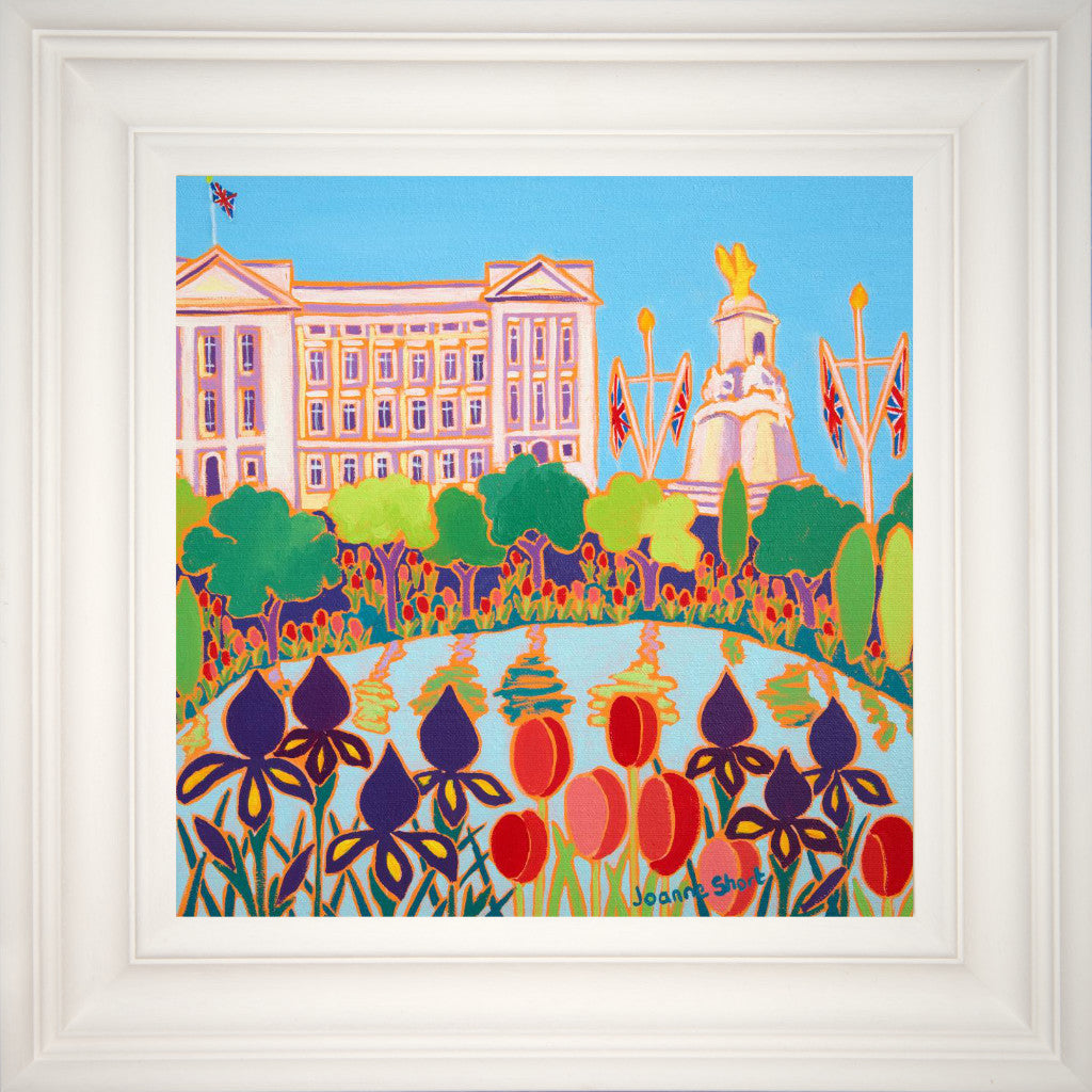 Original Garden Painting by Joanne Short. Tulips and Irises, Buckingham Palace, London. 12 x 12 inches oil on canvas