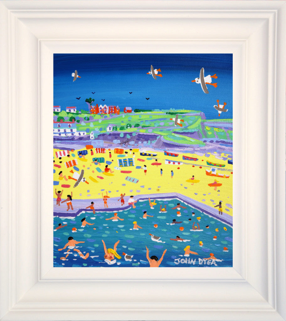 This sizzling sunny painting of the sea pool at Bude, by Cornwall's best loved artist John Dyer, really captures the summer heatwave. The painting is full of activity and colour and creates a wonderful window onto Cornwall and all the fun of a day at the beach. Splashes of colour across the beach describe fishing bats, people and windbreaks and in the foreground bathers enjoy the cool waters of the pool. A really wonderful painting capturing the essence of Cornwall.