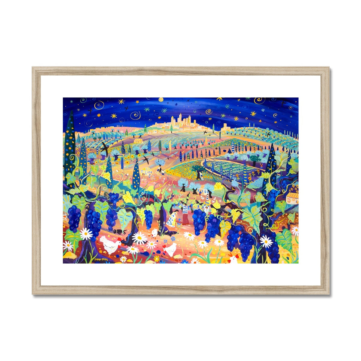 John Dyer Framed Open Edition Italian Fine Art Print. &#39;Starlight over San Gimignano, Italy&#39;. Italy Art Gallery
