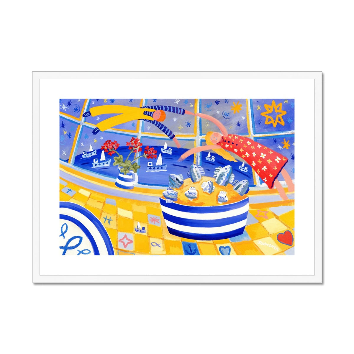 John Dyer Coastal Art Framed Open Edition Art Print. 'Enjoying the Day's Catch, Cornwall'. Cornish Art Gallery