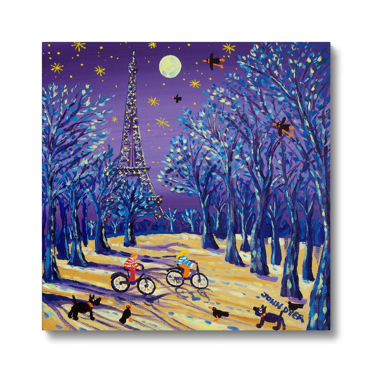 Cycling under the Moon, Eiffel Tower, Paris, France. Canvas Art Print by John Dyer