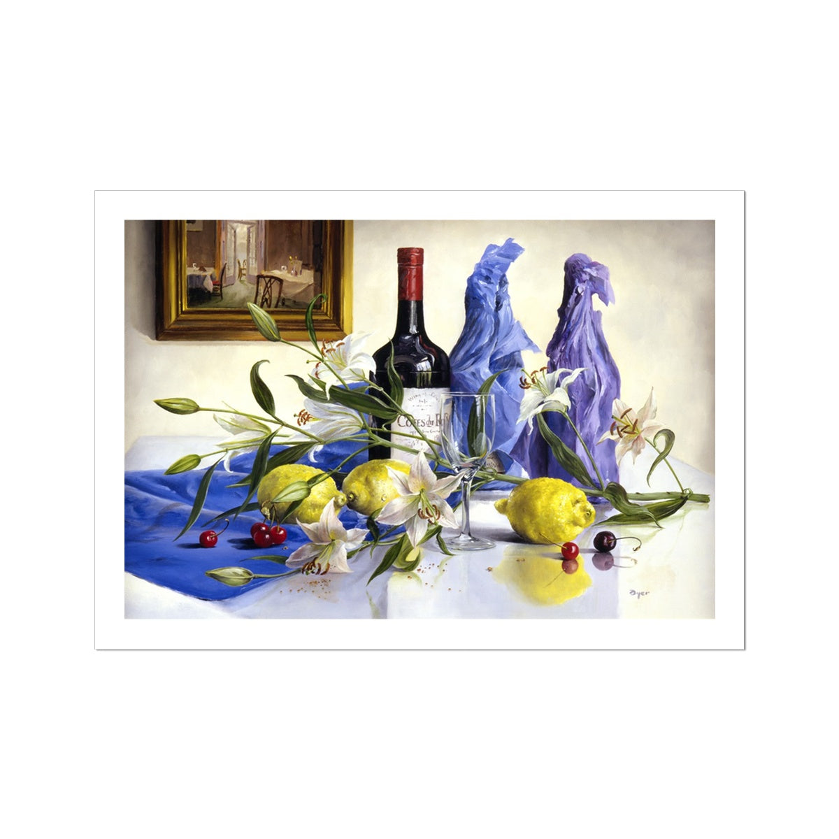 Ted Dyer Fine Art Print. Open Edition Cornish Art Print. 'White Lilies, Lemons and Red Wine Still Life'. Cornwall Art Gallery