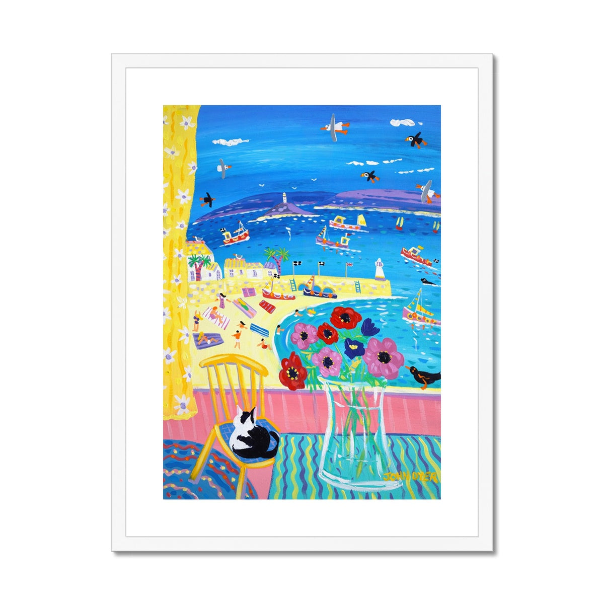 John Dyer Framed Open Edition Cornish Fine Art Print. 'Snoozing Cat on the Chair, St Ives'. Cornwall Art Gallery