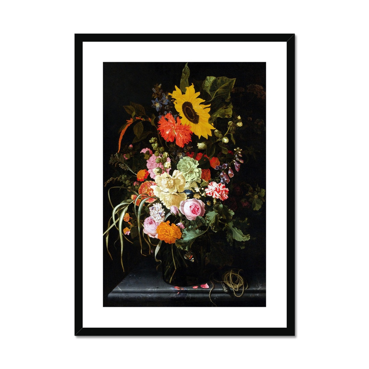 'Roses, Carnation, Marigolds and other Flowers with a Sunflower and Striped Grass'. Still Life by Maria van Oosterwijck. Framed Open Edition Fine Art Print. Historic Art
