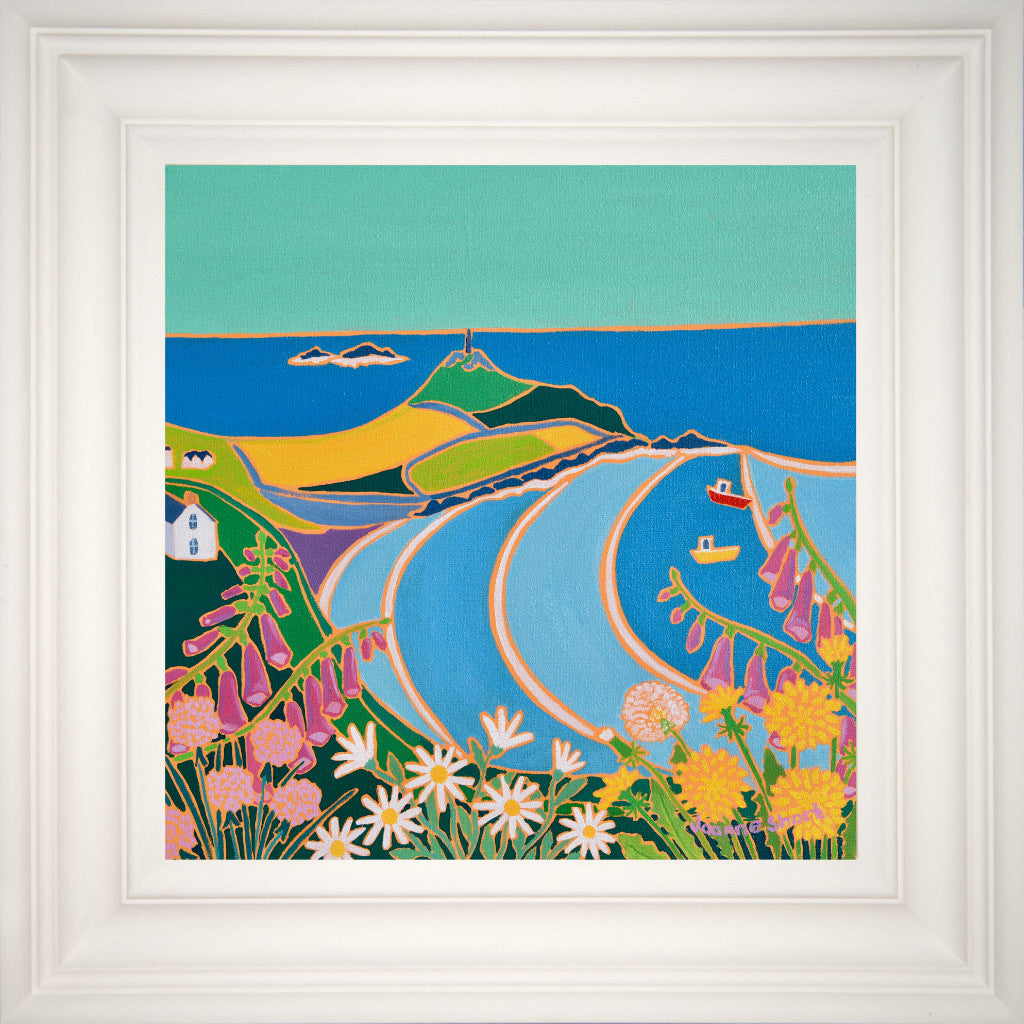 framed painting of Cape Cornwall by artist Joanne Short with foxgloves and wild Cornish flowers.