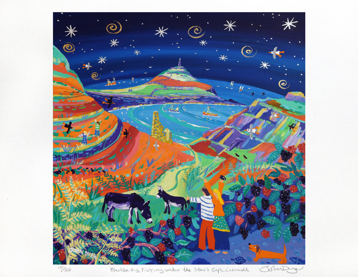 Limited Edition Print by John Dyer. &#39;Blackberry Picking under the Stars, Cape Cornwall&#39;. Signed Prints of Cornwall from our Cornwall Art Gallery