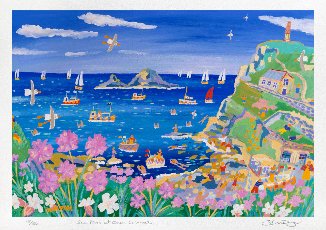 Signed Print by Cornish Artist John Dyer. Sea Pinks at Cape Cornwall.