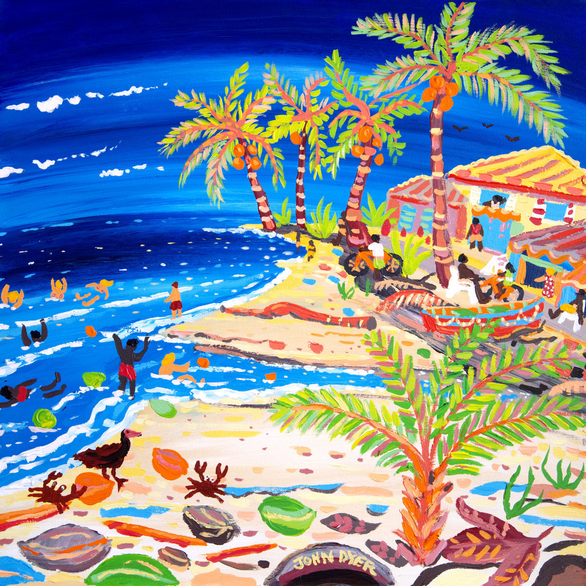 John Dyer Fine Art Print. Open Edition Cornish Art Print. &#39;Blue Seas and Coconut Trees, Costa Rica Beach&#39;. Caribbean Art Gallery