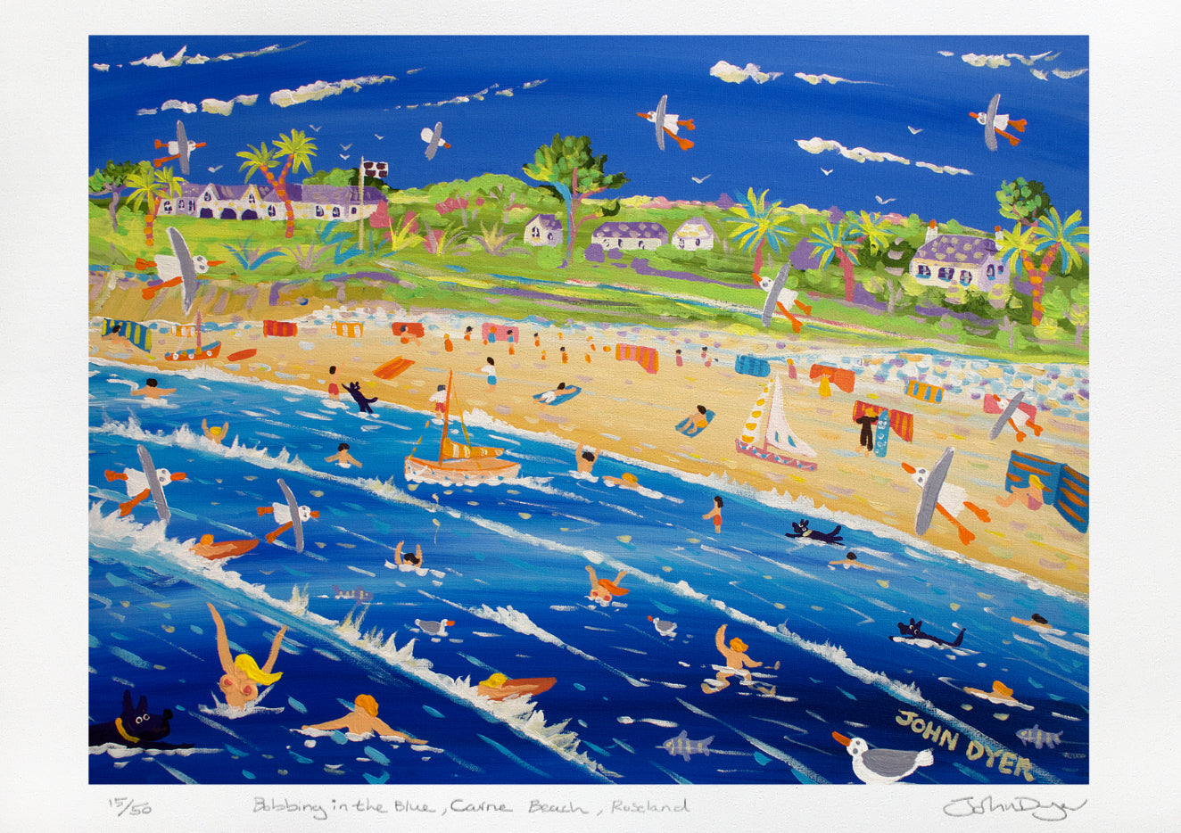 Signed Limited Edition Print by Cornish Artist John Dyer. 'Bobbing in the Blue, Carne Beach, Roseland'. Cornwall Art Print