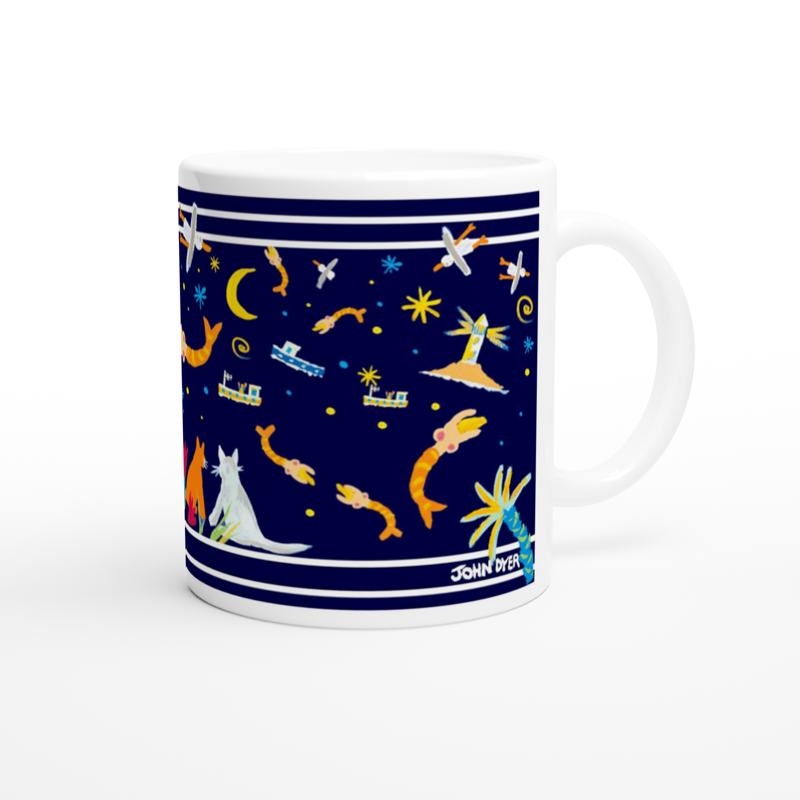 Cornwall Art mug featuring St Ives with Cornish mermaids, agapanthus, fishing boats, , Godrevy lighthouse,stars, moon and more by artist John Dyer. Summertime Nights.