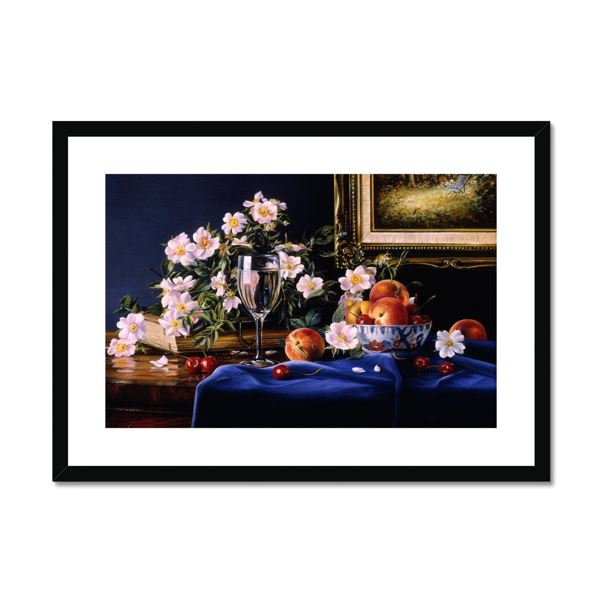 Ted Dyer Framed Open Edition Cornish Fine Art Print. 'Dog Roses and Peaches Still Life'. Cornwall Art Gallery