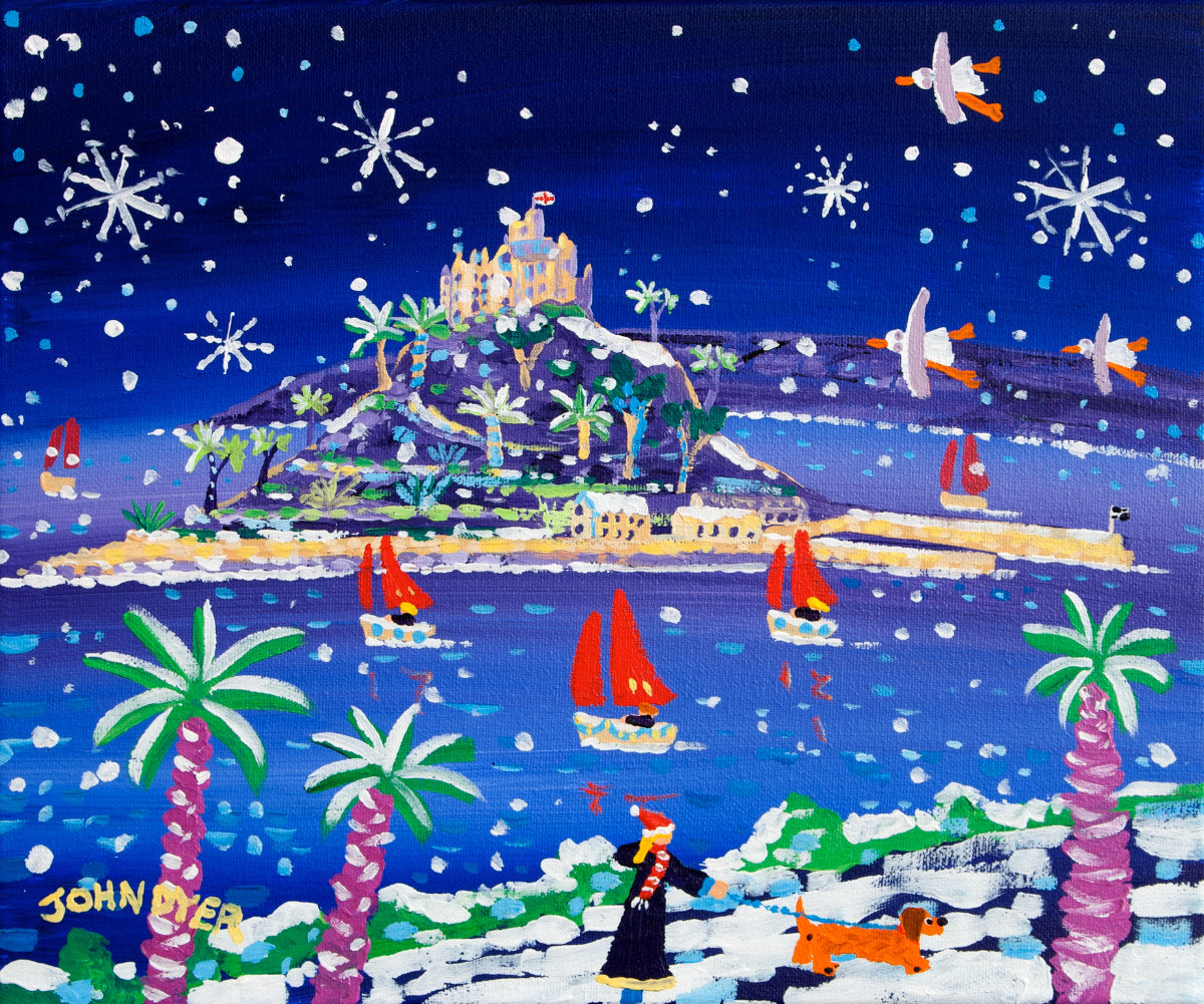 Limited Edition Print by Cornish Artist John Dyer. 'Sailing through the Snow, St Michael's Mount'. Cornwall Art Gallery Print