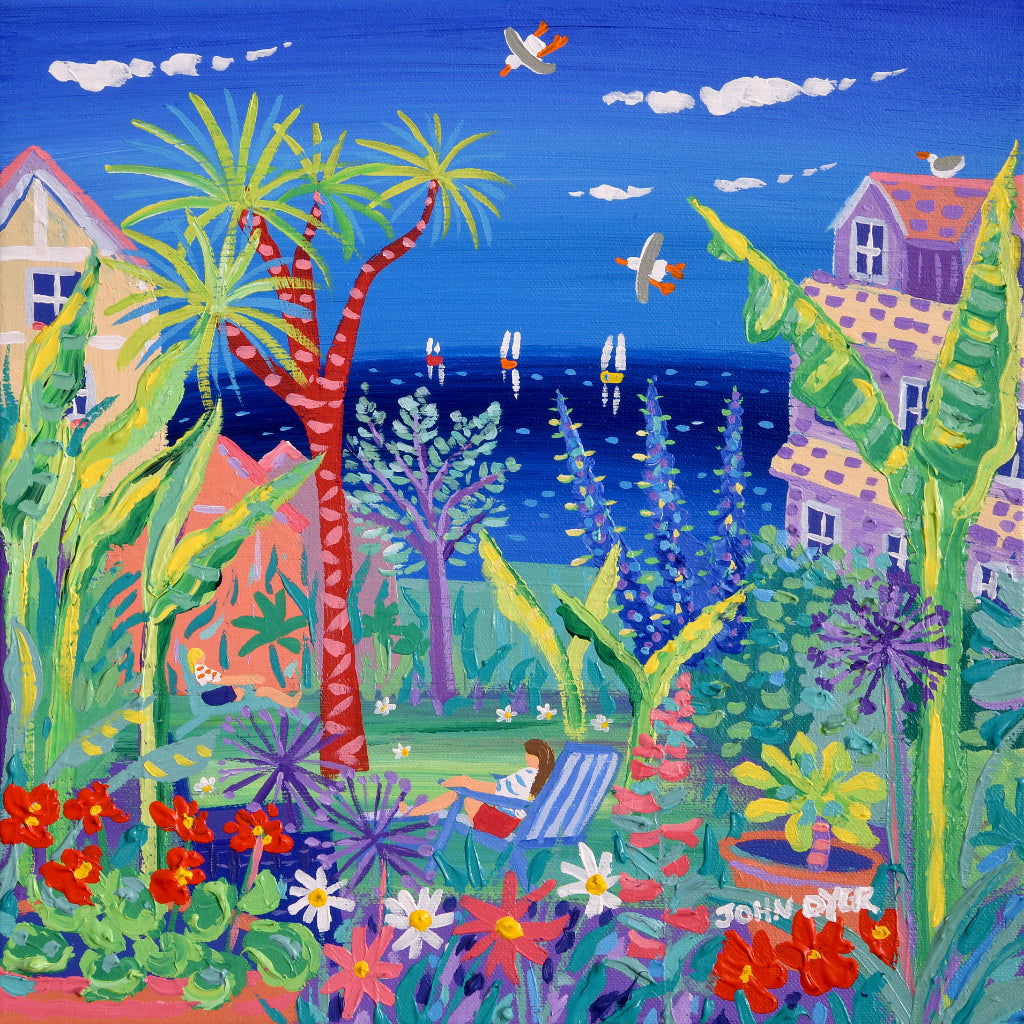 John Dyer painting of relaxing in a Cornish Garden with sub-tropical plants and colours in Falmouth.