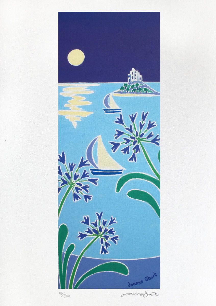 Signed Limited Edition Print by Cornish Artist Joanne Short. 'Moonlight Dancing on the Water St Michael's Mount'. Cornwall Art Gallery Print