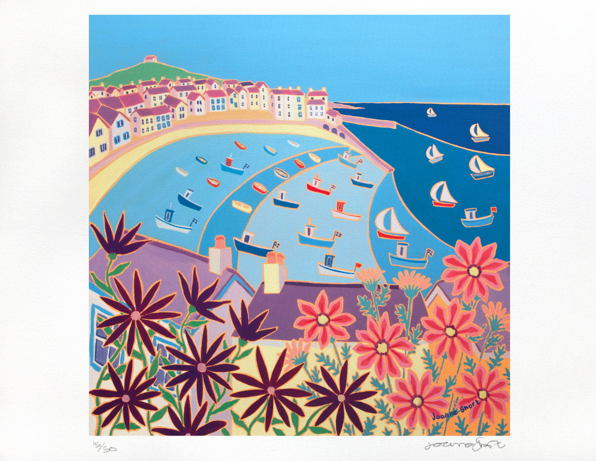 Signed Limited Edition Print by Cornish Artist Joanne Short. &#39;Boats in the Bay, St Ives&#39;. Cornwall Art Gallery Print