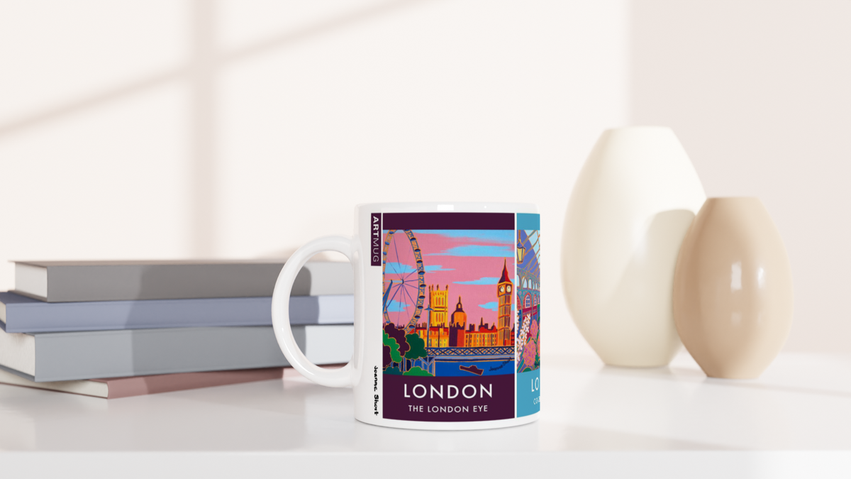 Joanne Short Ceramic Art Mug featuring London. The London Eye, Covent Garden and Kew Gardens