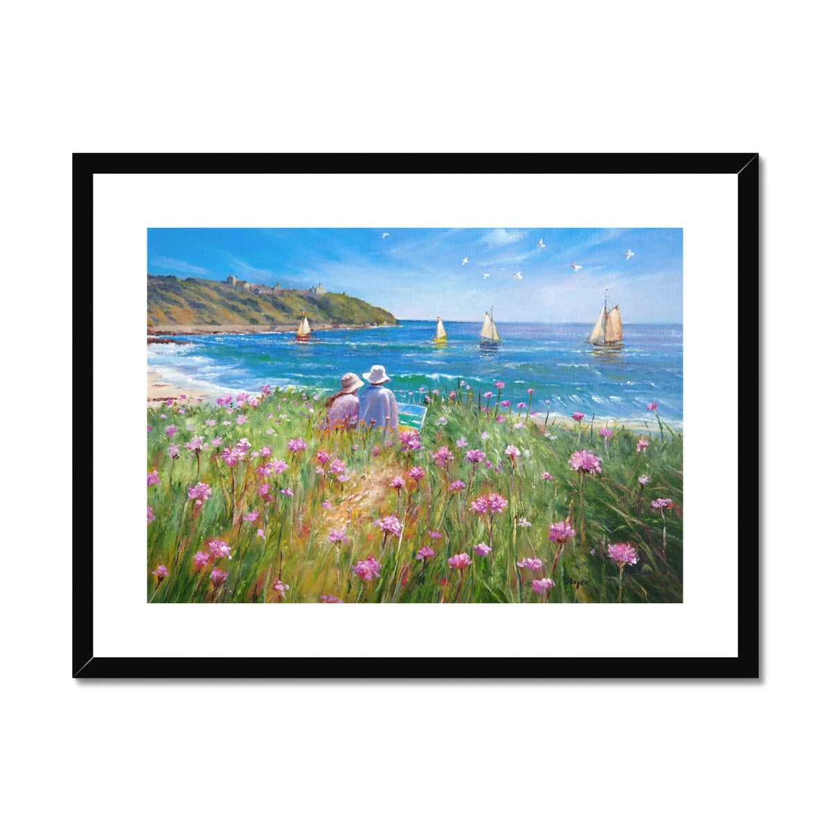 Ted Dyer Framed Open Edition Coastal Cornish Fine Art Print. &#39;Sea Pinks and Painters, Falmouth&#39;. Cornwall Art Gallery