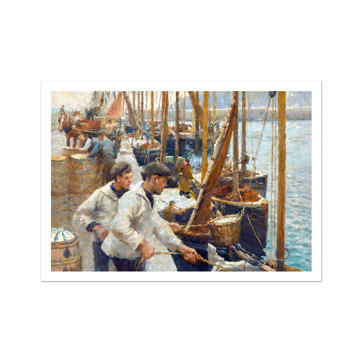&#39;Fishing Boats, Newlyn&#39; by Harold Harvey. Open Edition Fine Art Print. Art Gallery Historic Art