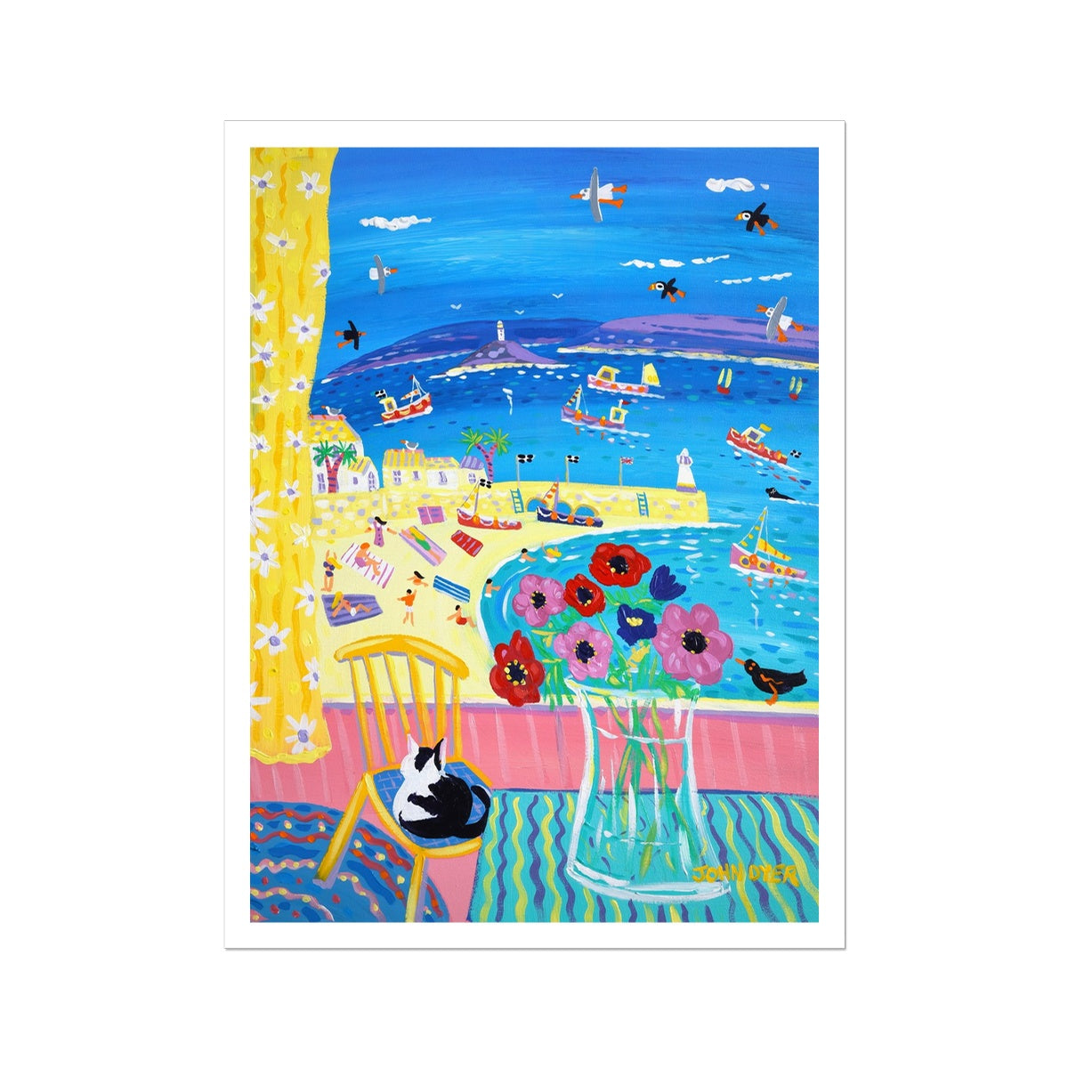 John Dyer Fine Art Print. Open Edition Cornish Art Print. 'Cat Snoozing on the Chair, St Ives'. Cornwall Art Gallery