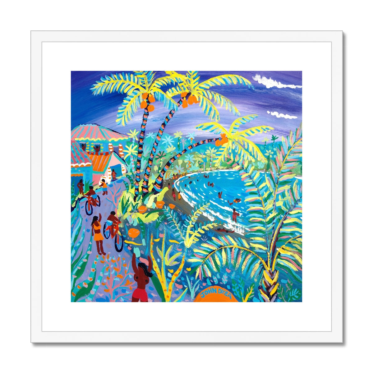 John Dyer Framed Open Edition Cornish Art Print. 'Swaying Caribbean Coconuts, Costa Rica'. Caribbean Art Gallery