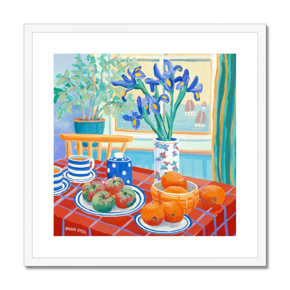 John Dyer Framed Open Edition Still Life Cornish Art Print. 'Blue Irises on a Cornish Table'. Cornwall Art Gallery