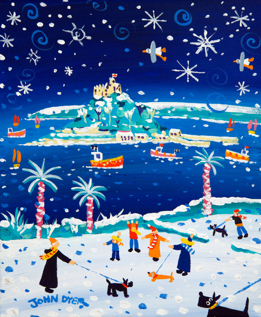 Cornish Art Signed Limited Edition Print by John Dyer. 'Snowy Walkies, St Michael's Mount'. Cornwall Art Gallery Print.