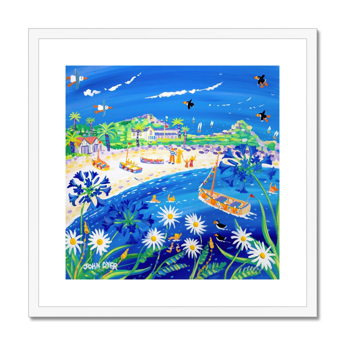 John Dyer Framed Open Edition Cornish Art Print. 'Puffin Days, Tresco'. Cornwall Art Gallery