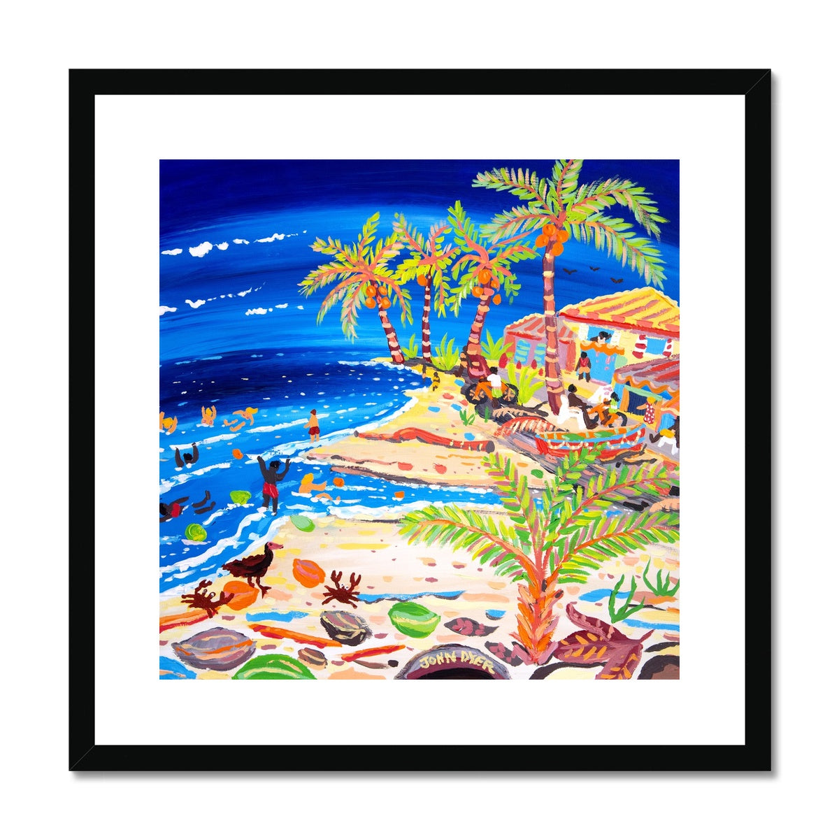 John Dyer Framed Open Edition Cornish Art Print. 'Blue Seas and Coconut Trees, Costa Rica Beach'. Caribbean Art Gallery
