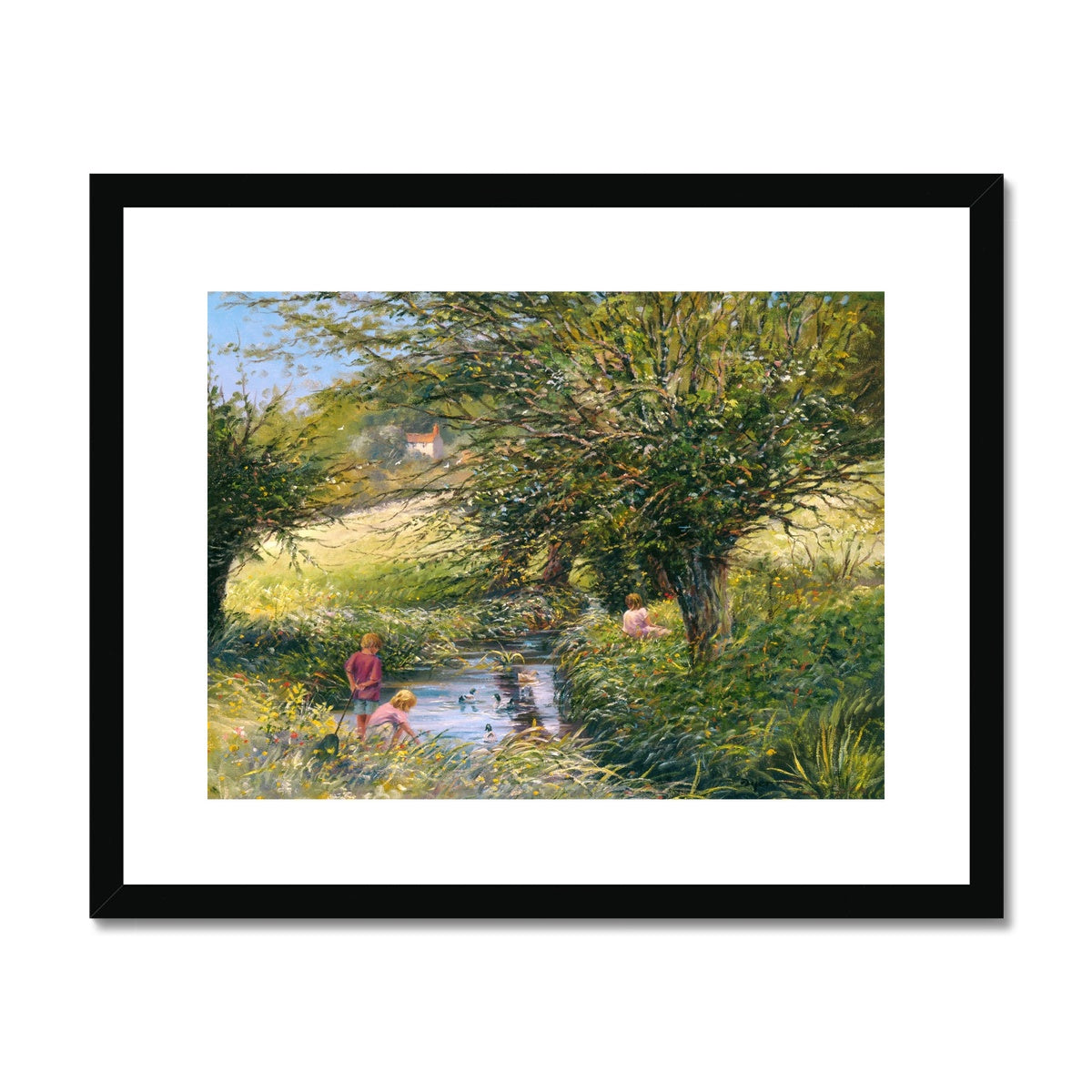 Ted Dyer Framed Open Edition Cornish Fine Art Print. 'Fishing in the Duck Pond'. Cornwall Art Gallery