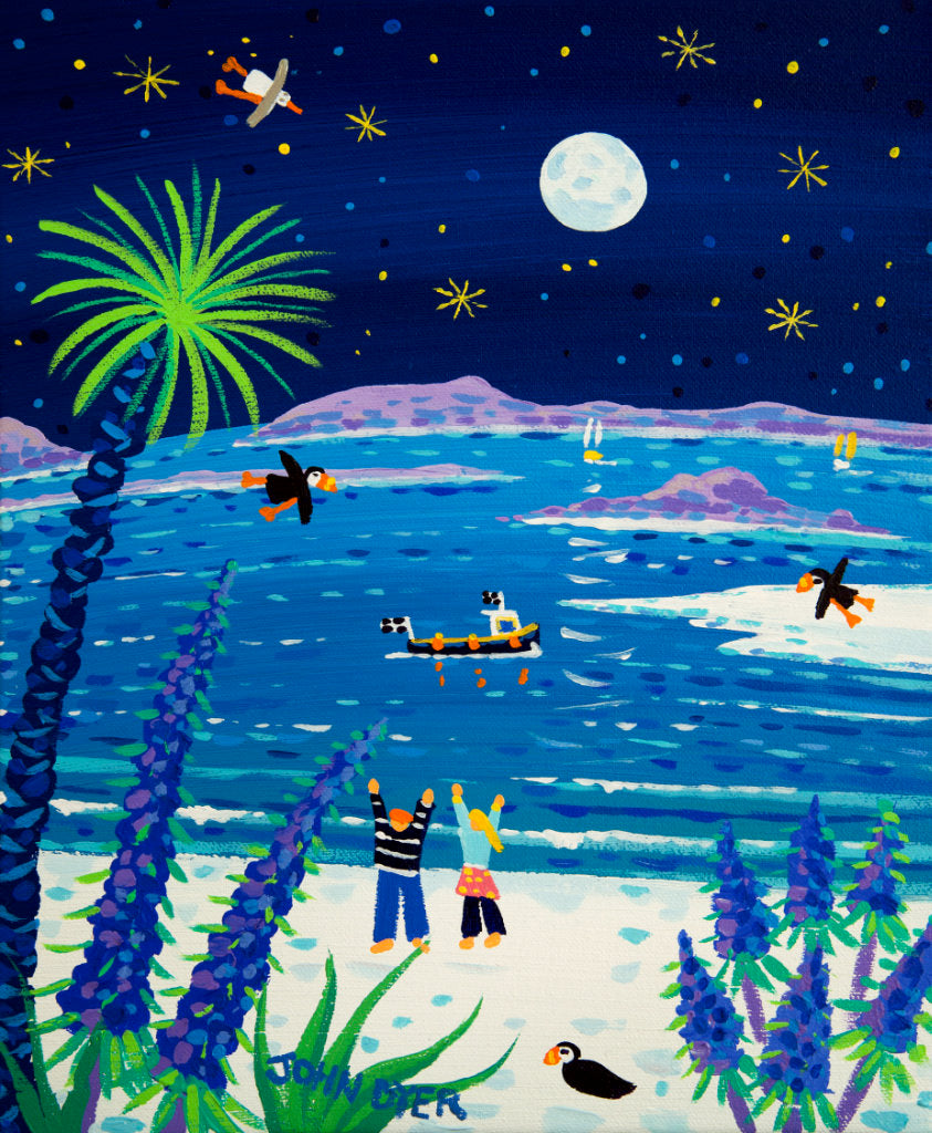 This is a truly beautiful painting of Tresco by well known Cornish artist John Dyer. The beauty of this island in the stunning Scilly Isles, is captured here, with the famous glistening white sand and puffins circling, under a full summer moon. A couple wave at a passing fishing boat while the blue echiums on the edge of the beach complete this fairytale painting. 