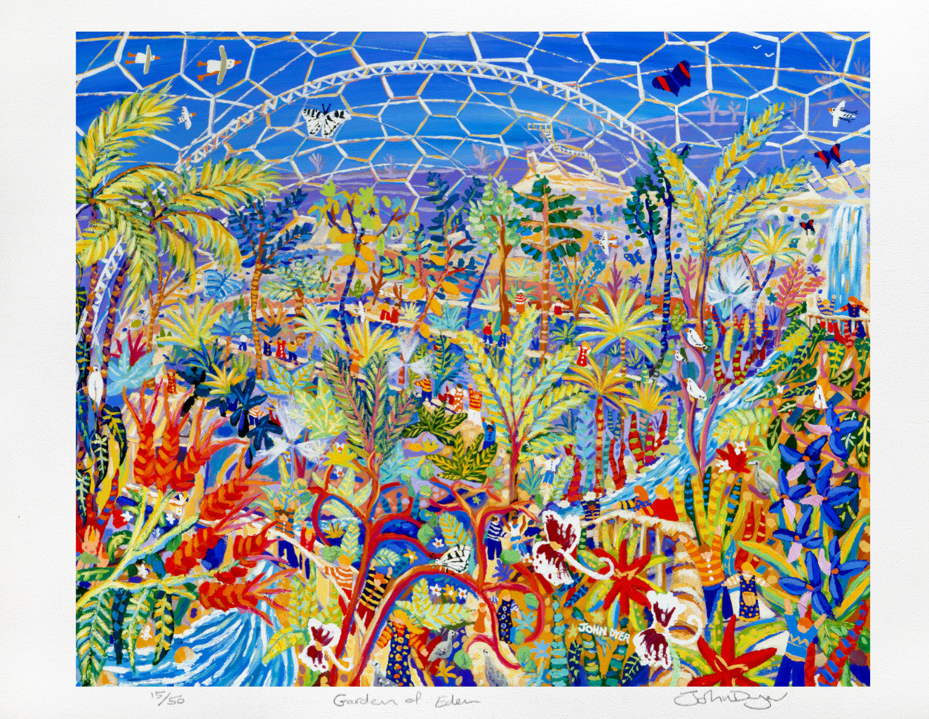 Signed Print by The Eden Project's artist John Dyer. Garden of Eden rainforest biome.