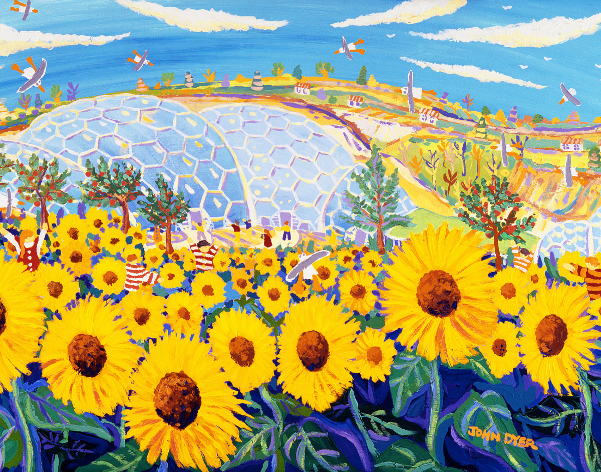 Eden Project Sunflower Print by Artist John Dyer. 'Happy Sunny People and Plants'. Cornwall Art Gallery Print