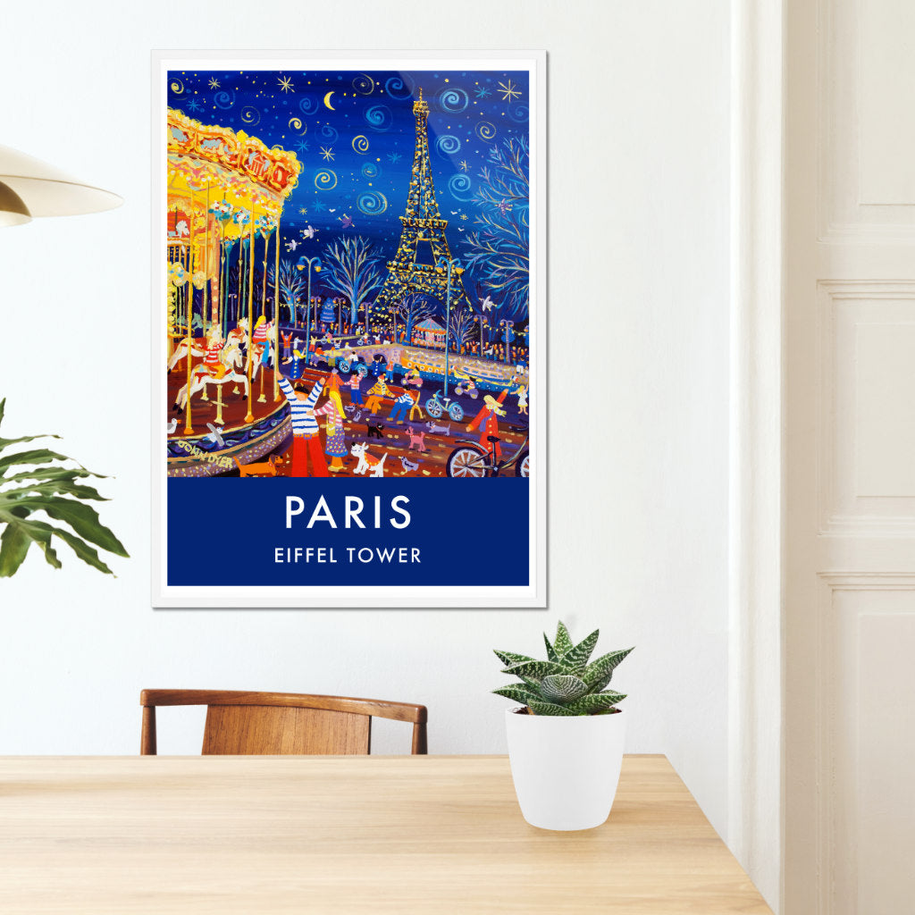 French Print of the Eiffel Tower and Carousel in Paris. Vintage Style Travel Poster Art Print by John Dyer. France Wall Art