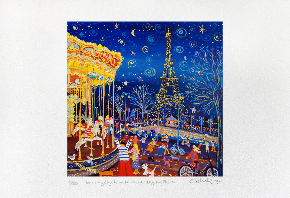 French Signed Limited Edition Print by John Dyer. &#39;Twinkling Lights and Carousel Delights, Paris.&#39; Eiffel Tower Art