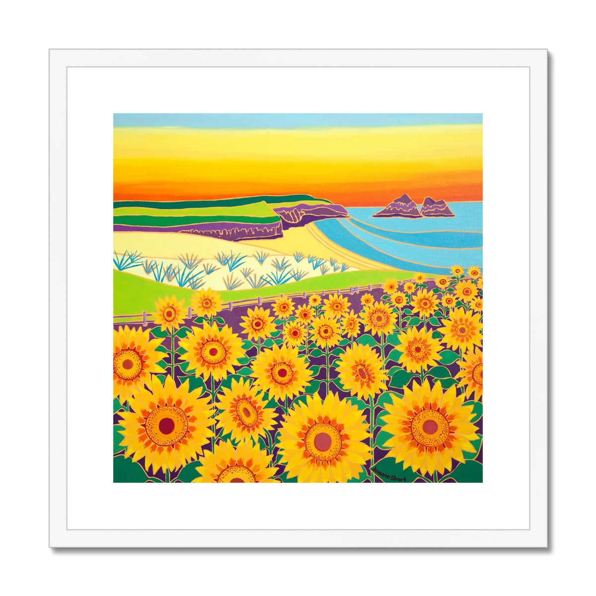 Joanne Short Framed Open Edition Cornish Fine Art Print. 'Sunny Sunflowers, Holywell Bay'. Cornwall Art Gallery