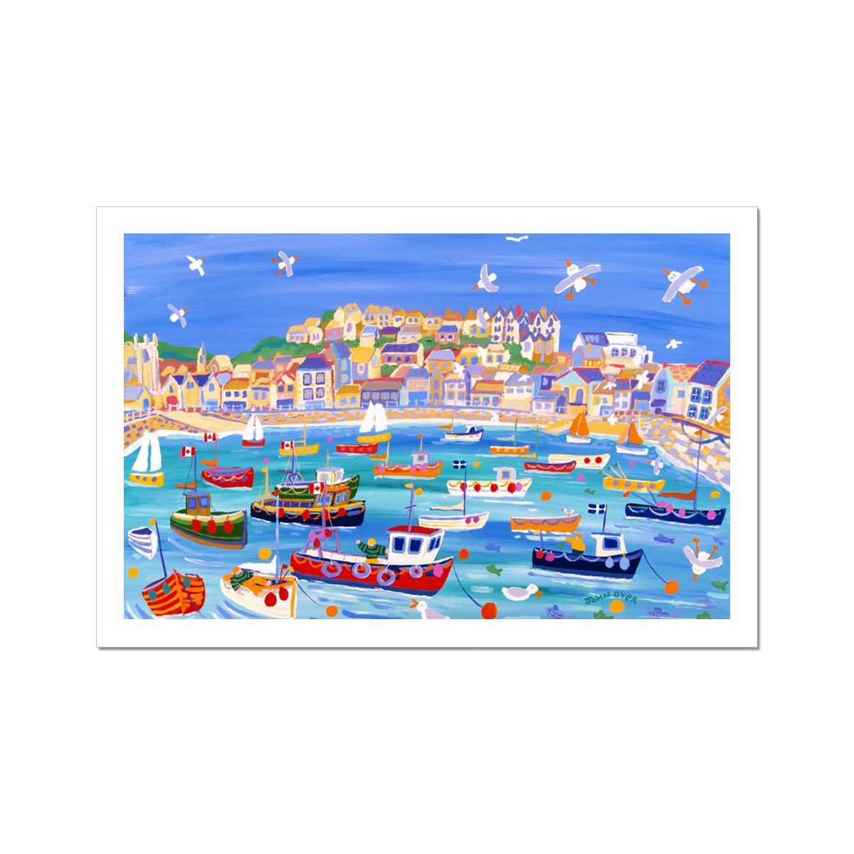 John Dyer Fine Art Print. Open Edition Cornish Art Print. &#39;Boats in the Harbour on a High Tide, St Ives&#39;. Cornwall Art Gallery