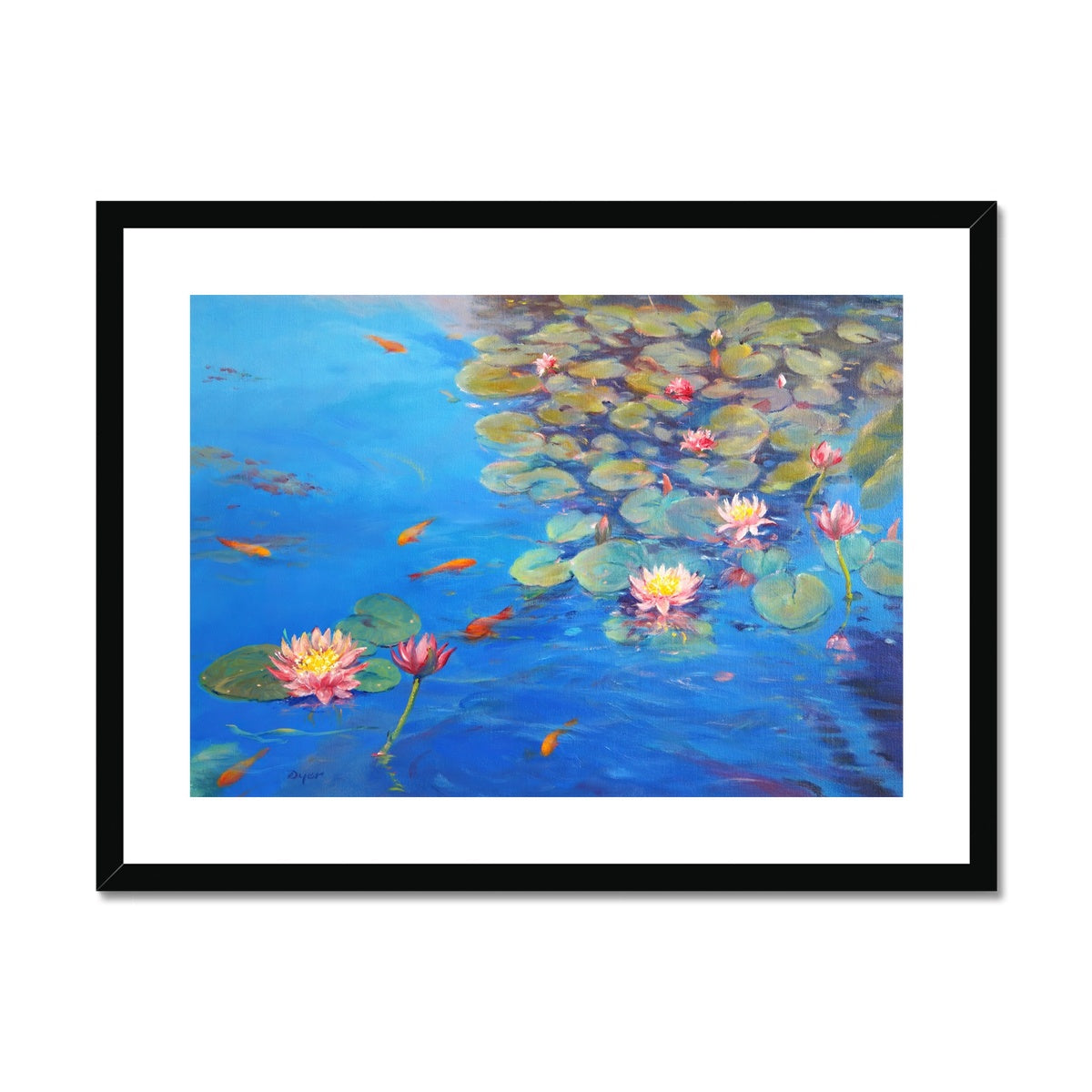 Ted Dyer Framed Open Edition Cornish Fine Art Print. 'Water lilies and Sky Reflections, Kimberley Park Pond Garden, Falmouth'. Cornwall Art Gallery