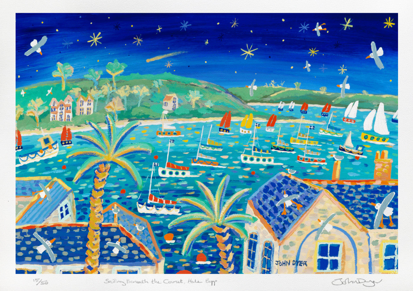 Limited Edition Print by Cornish Artist John Dyer. 'Sailing Beneath the Comet. Hale Bopp Comet, Falmouth'. Cornwall Art Gallery Print