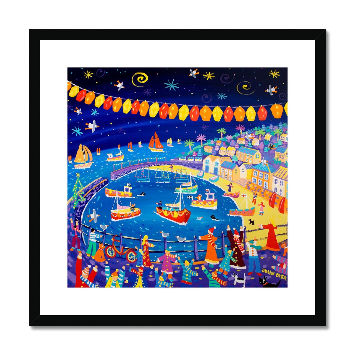 John Dyer Framed Open Edition Cornish Art Print. 'Christmas Lights, Mousehole'. Cornwall Art Gallery
