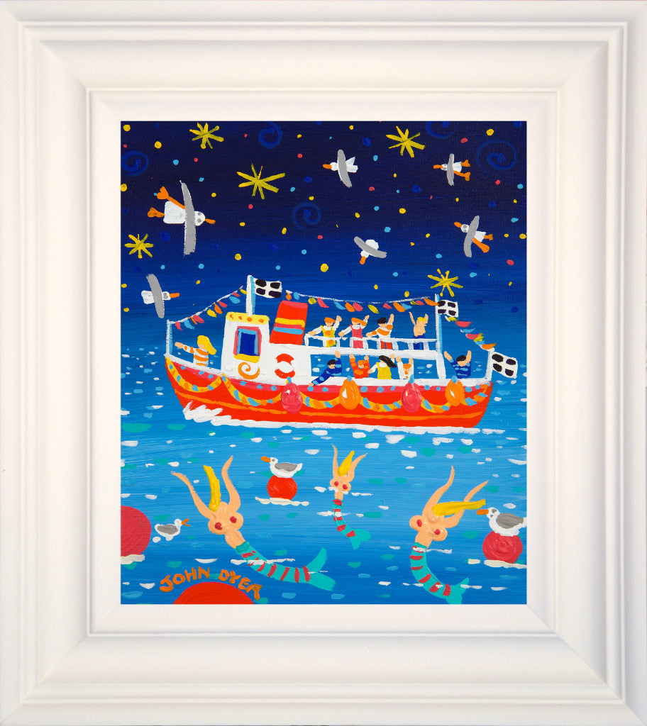 This original painting by John Dyer captures the essence of Cornish summer fun. A ferry full of happy passengers passes by as colourful mermaids join in the party. Seagulls swoop and dance to the music and Cornish flags fly proudly. This painting is a burst of colour and laughter, a festival of fun for all to enjoy.