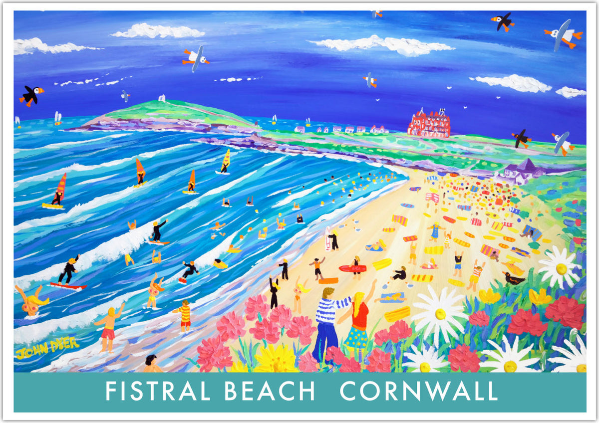 Cornish Art Print of Fistral Beach, Newquay in Cornwall by Cornish Artist John Dyer. Cornwall Art Gallery, Vintage Style Posters