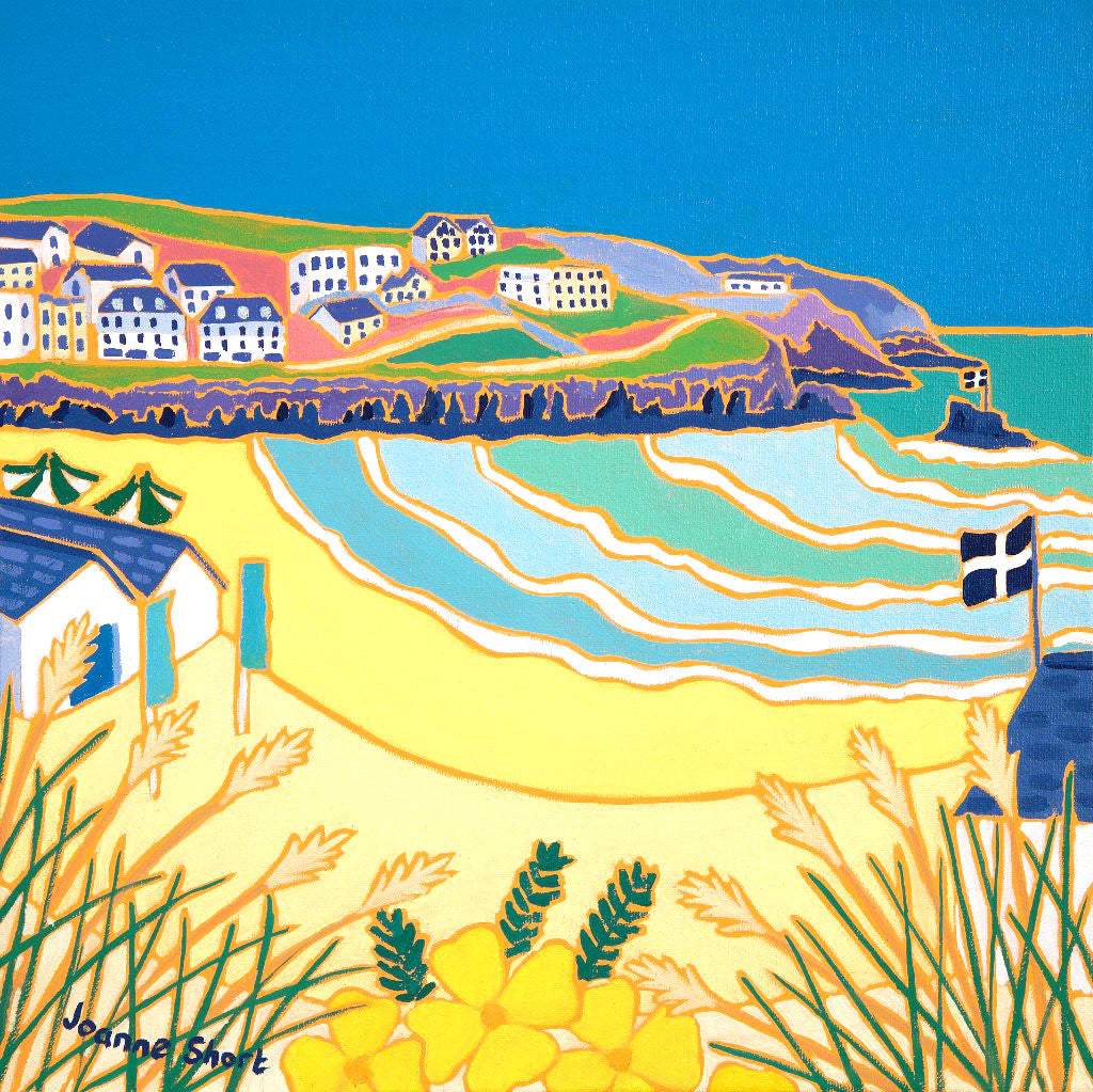 This beautiful framed oil on canvas painting of Perranporth beach by Cornish artist Joanne Short captures the beauty of the beach on an early summers day before the beachgoers arrive. This is a popular holiday spot and this painting will remind you perfectly of those sunny surfing summer days.